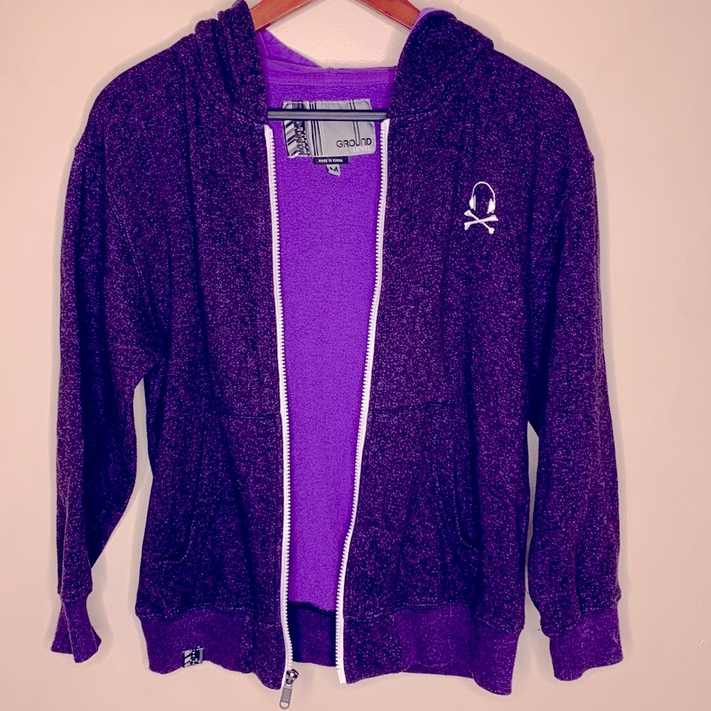 Ground Level | Purple Zip Up Hoodie | | Headphone Embroidered Patch | Punk Rock